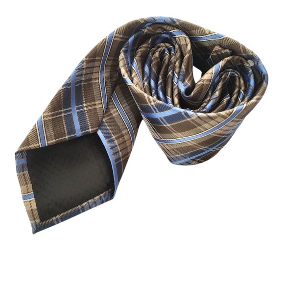 PLATINUM DESIGNS Tan & Blue Plaid 100% Polyester Handmade Tie - Men's OS - Picture 3 of 5